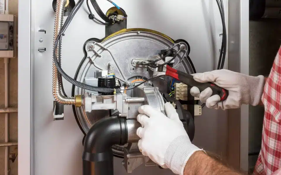 A person wearing gloves uses tools to repair or inspect the internal components of a gas furnace, performing precise boiler repair or maintenance.