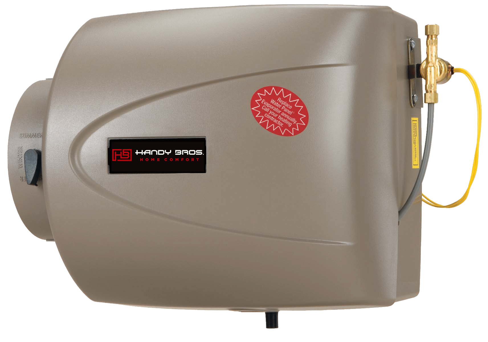 A beige Handy Bros Home Comfort humidifier unit with a control knob, water valve, and brand label on the side.