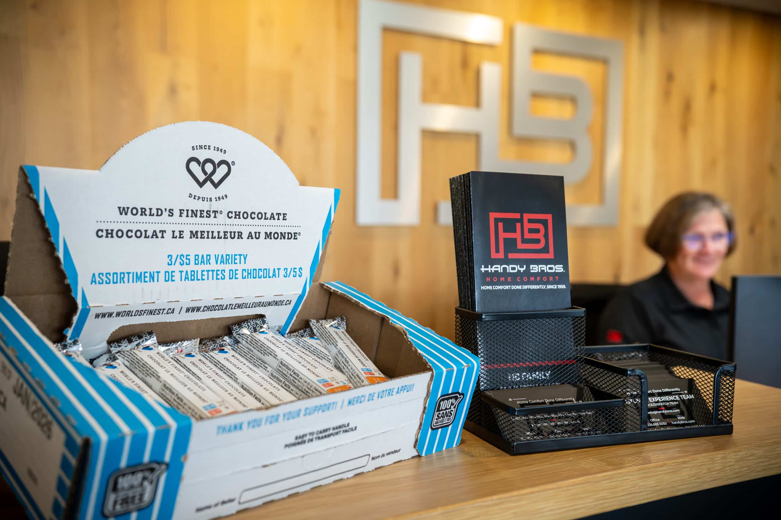 World’s Finest chocolate bars at the Handy Bros front desk fundraiser
