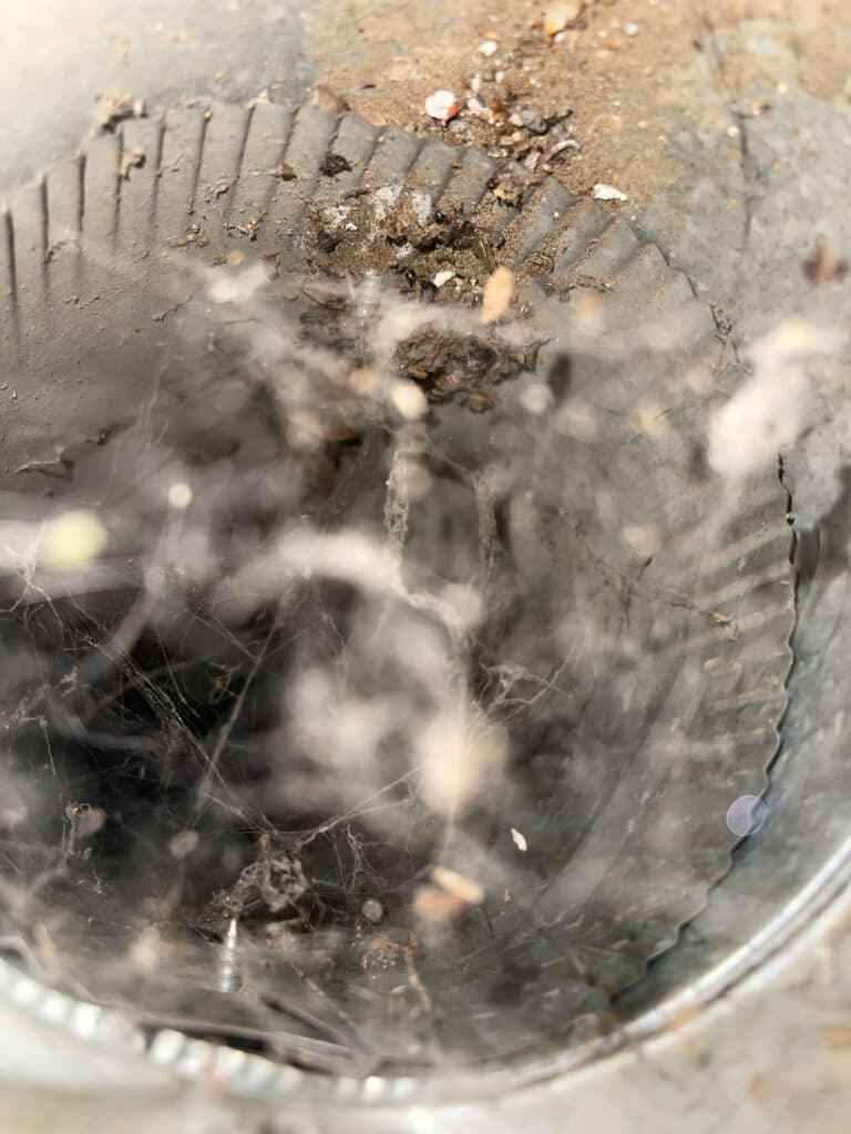 Duct cleaning before photo showing buildup in ductwork