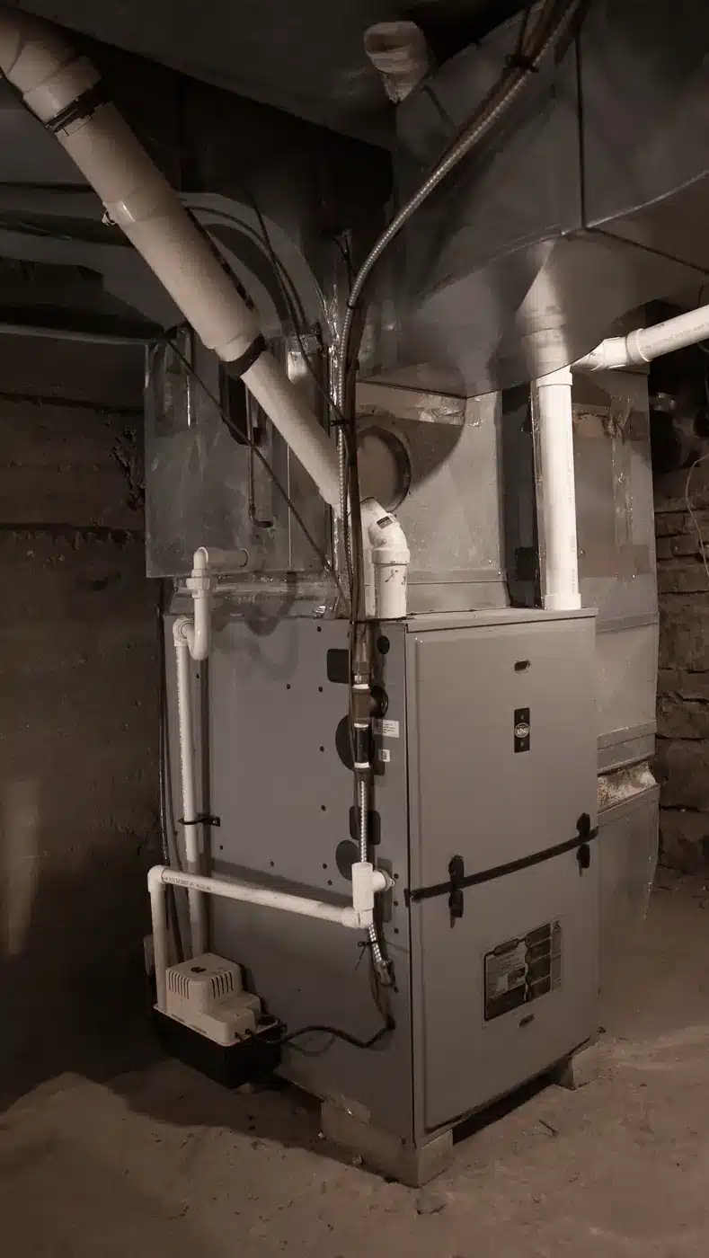 Basement furnace with metal ductwork and white PVC vent pipes, sitting on a concrete floor