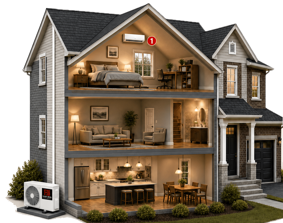 Cross-section of a three‑story house showing furnished bedrooms and living areas, with an outdoor HVAC unit outside.