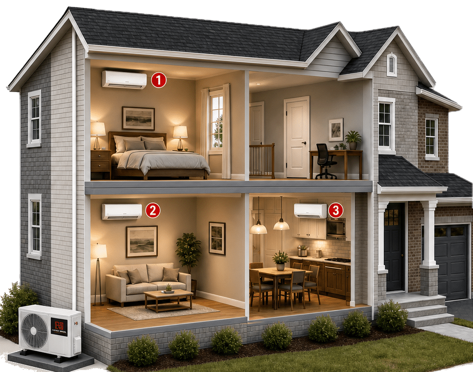 Cross-section of a two-story home showing labeled rooms: bedroom (1), living room (2), and kitchen/dining (3) with wall AC units.