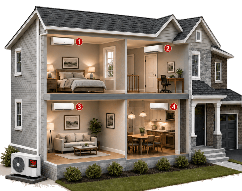 Cross-section of a two-story home showing four wall-mounted HVAC units in different rooms, labeled 1–4, illustrating a multi-zone system