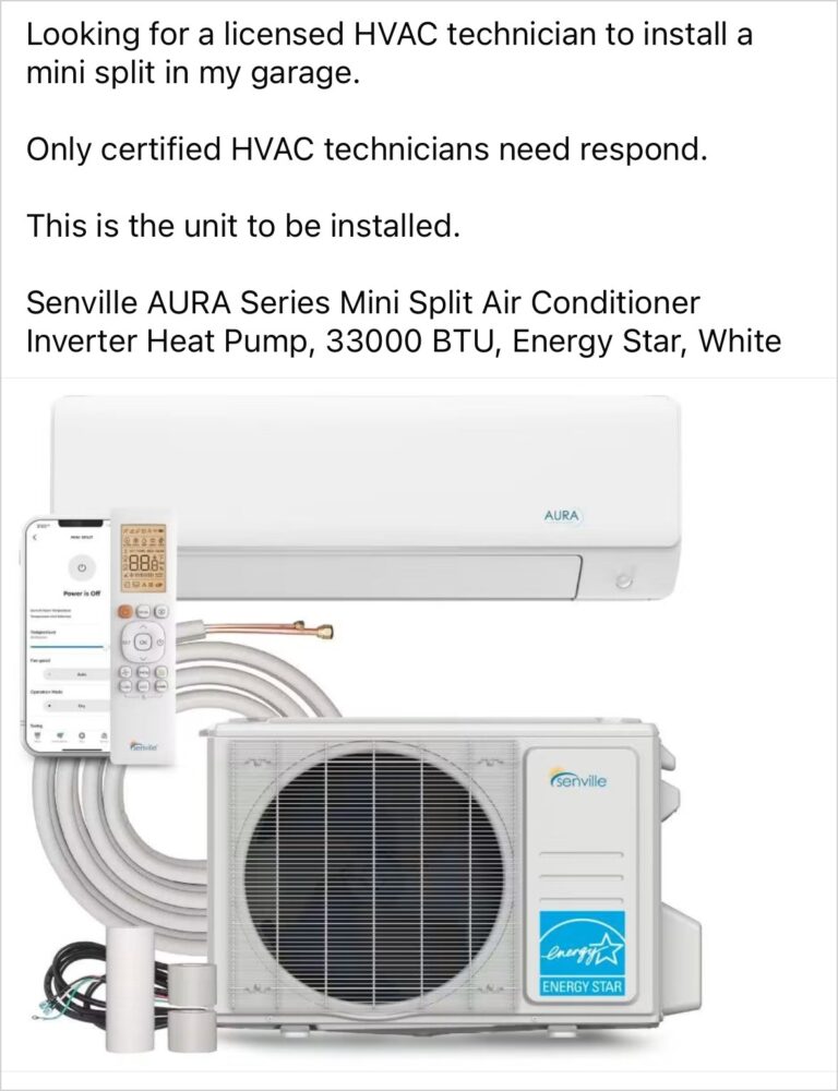 Cropped marketplace post showing a homeowner seeking a licensed HVAC technician to install a mini split.