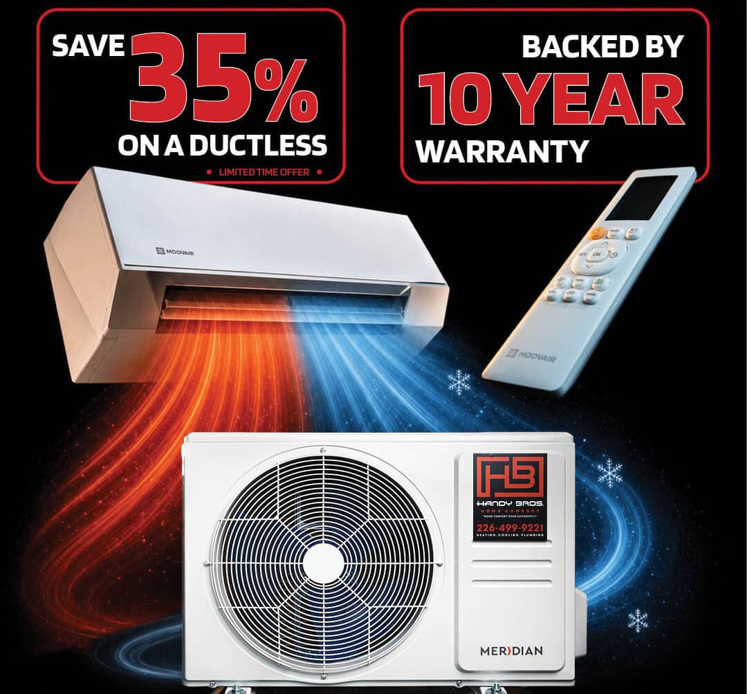 Ad for Handy Bros ductless mini-split system showing outdoor unit, indoor unit, and remote with text offering 35% off and a 10-year warranty.