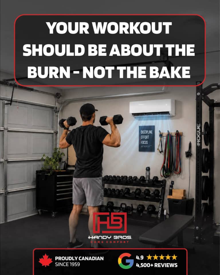 Man in a home gym lifting dumbbells while a large banner overhead reads, 'Your workout should be about the burn - not the bake' with Handy Bros branding.