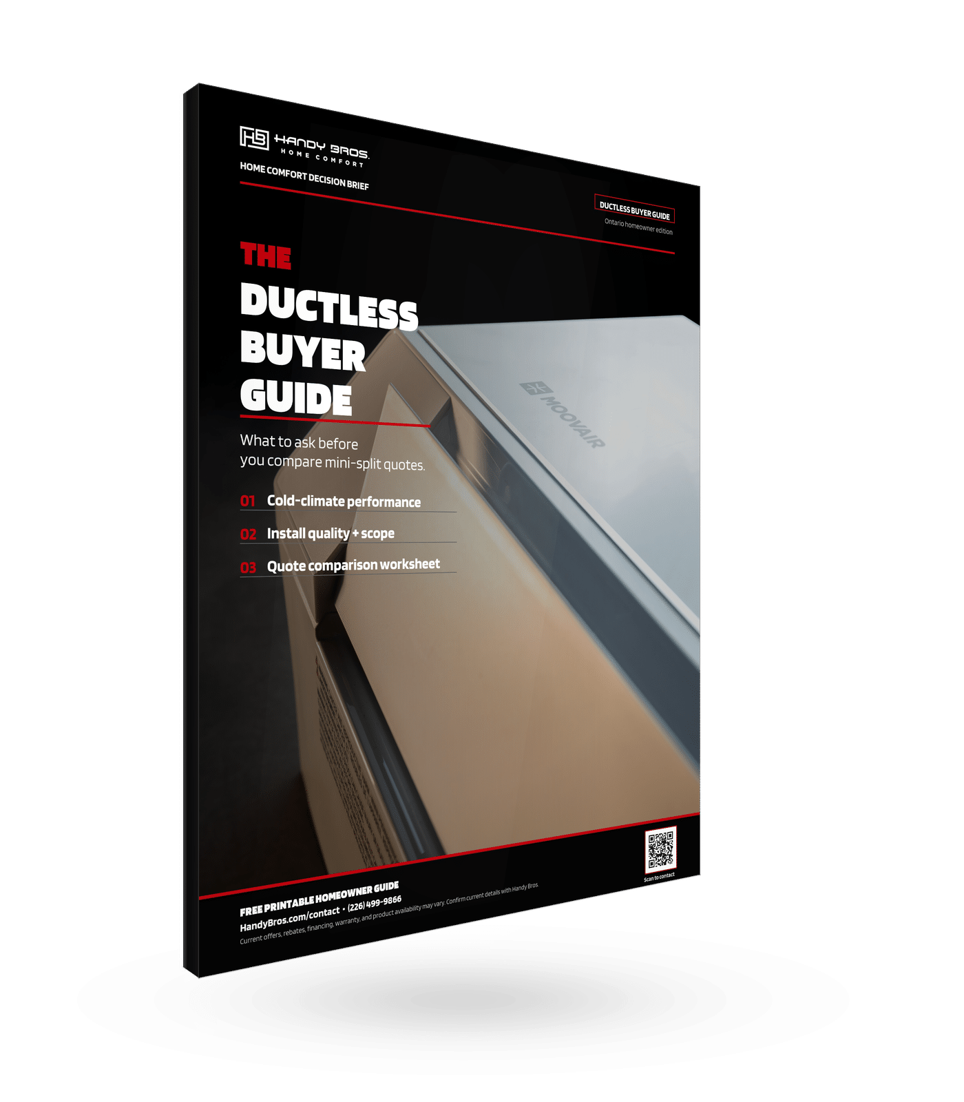 Cover of a black promotional booklet titled 'The Ductless Buyer Guide' with bold white text and red accents, showing a ductless HVAC unit image in the background.