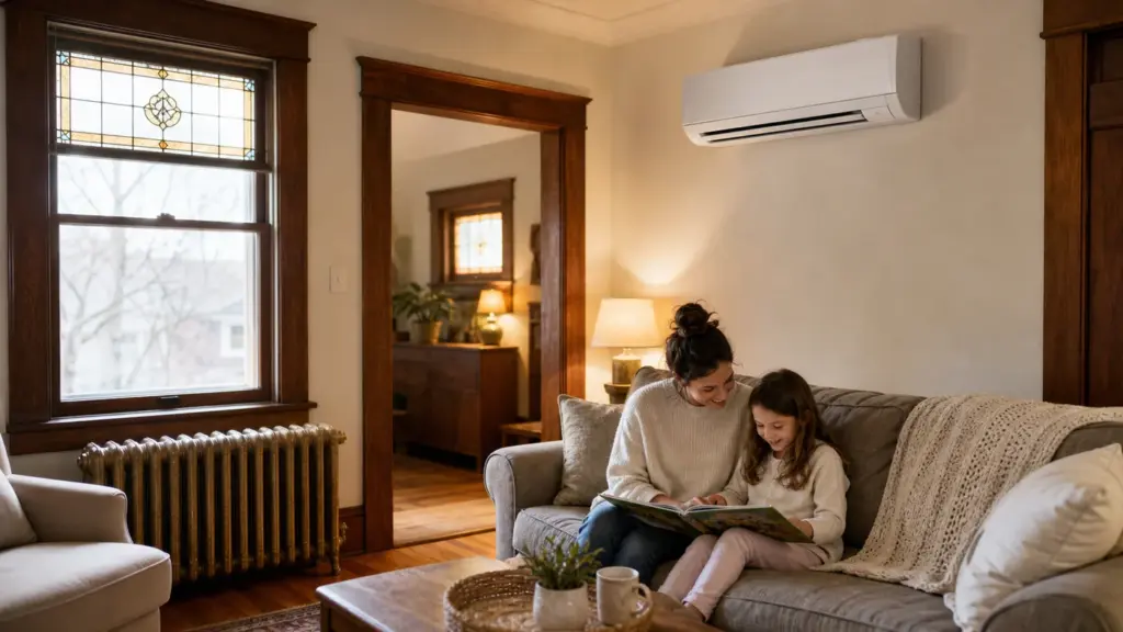 AI-generated image showing an older home interior with a ductless mini-split added cleanly.