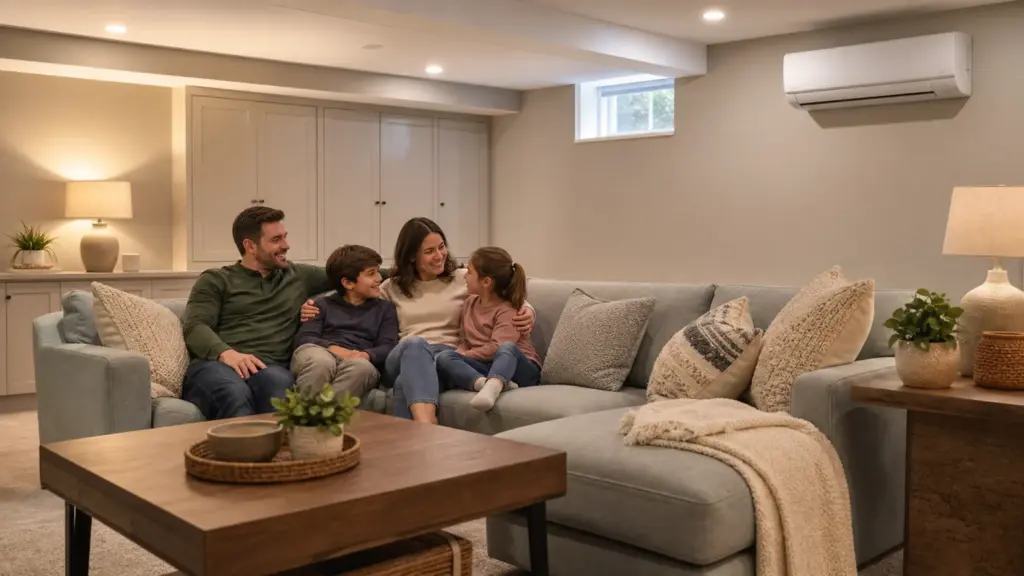 AI-generated image showing a finished basement family room with a ductless mini-split.