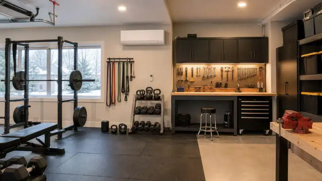 AI-generated image showing an insulated garage gym and workshop with a ductless mini-split.