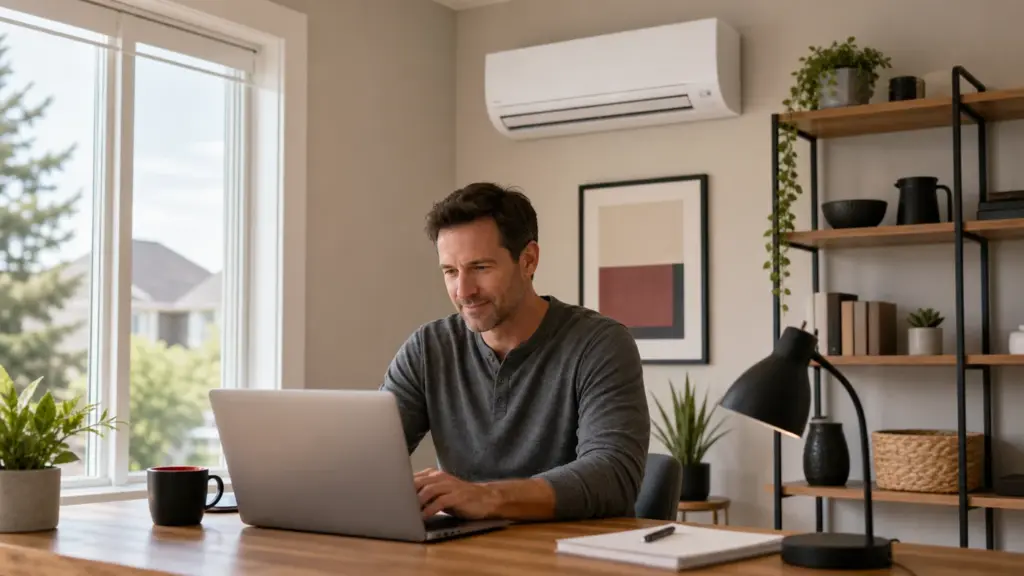AI-generated image showing a comfortable home office with a ductless mini-split.