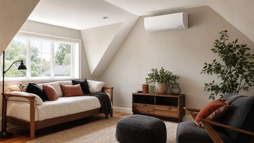 AI-generated image showing a bonus room over a garage with a ductless mini-split for targeted comfort.