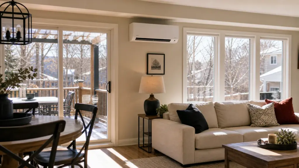 AI-generated image showing a room with large windows as a ductless sizing factor.