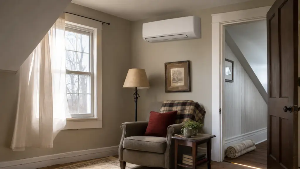 AI-generated image showing a draft-prone room as a ductless sizing factor.