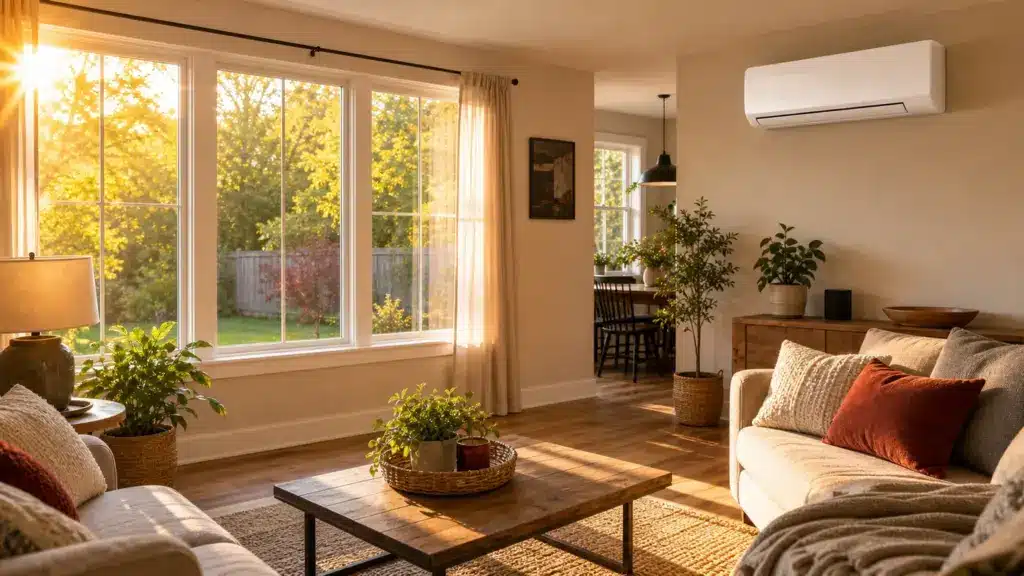 AI-generated image showing a sunlit room with west or south exposure as a ductless sizing factor.