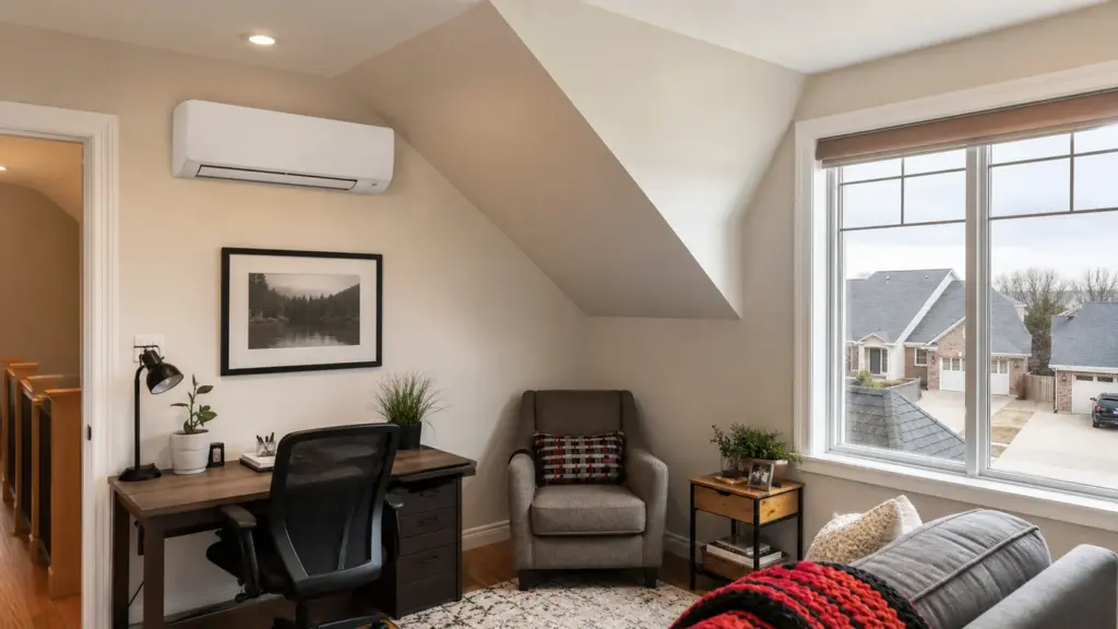 AI-generated image showing a finished room over a garage as a ductless sizing factor.