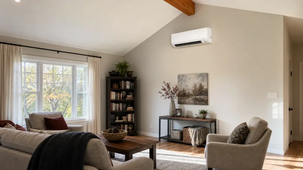 AI-generated image showing a room with a vaulted or high ceiling as a ductless sizing factor.