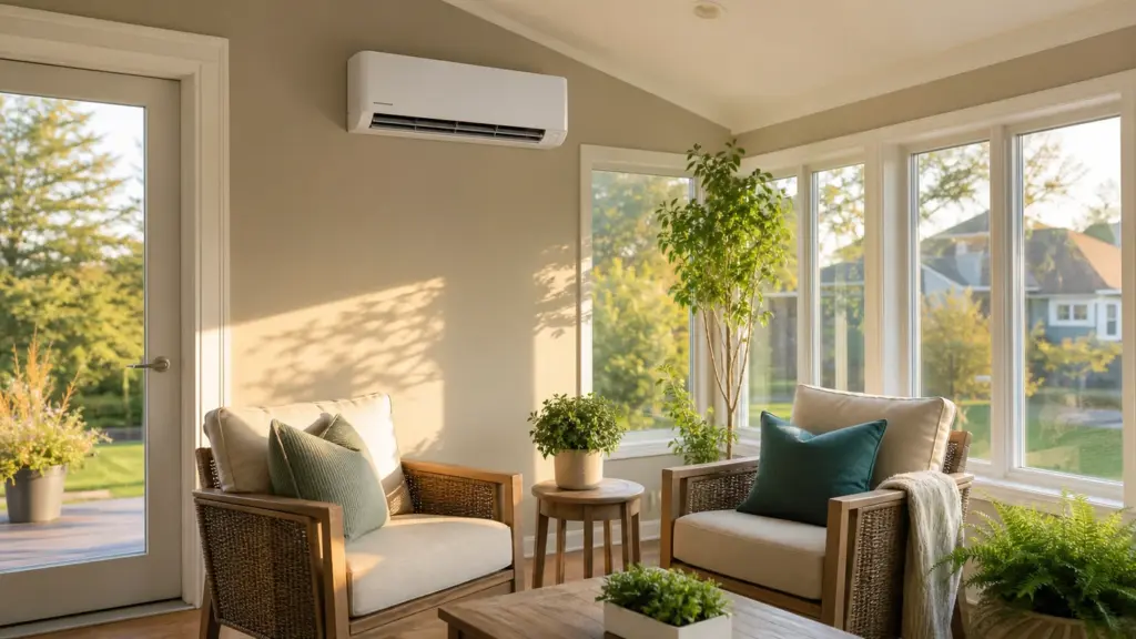 AI-generated image showing a sunroom or addition with a ductless mini-split for targeted comfort.
