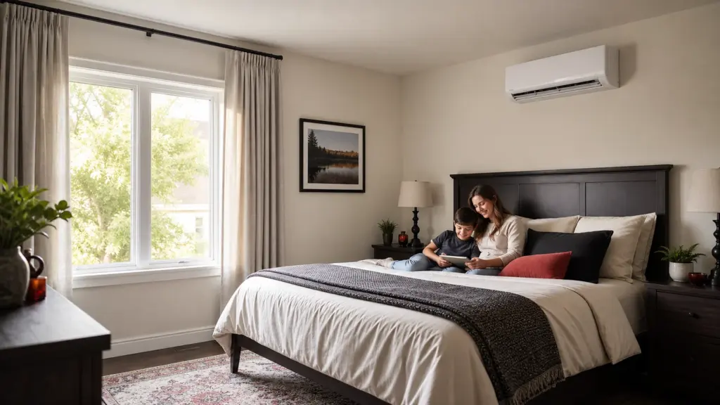 AI-generated image showing a comfortable upstairs bedroom with a ductless mini-split for targeted cooling.