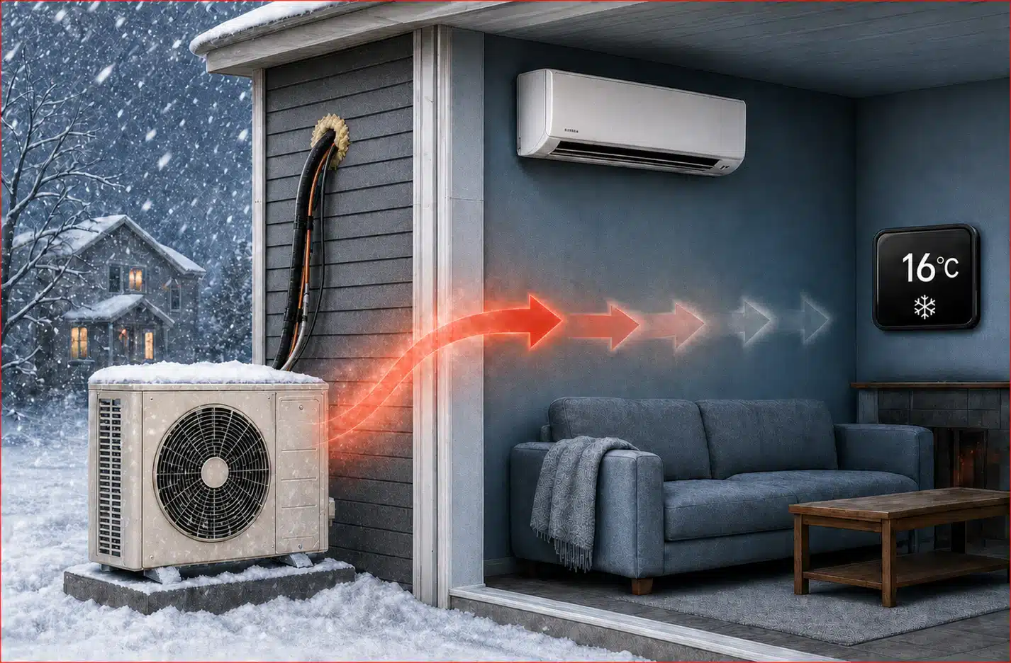 Lower-quality standard heat-pump installation with an exposed line set and poorly sealed wall penetration, losing heating capacity during an Ontario winter while the room remains at 16 degrees Celsius.