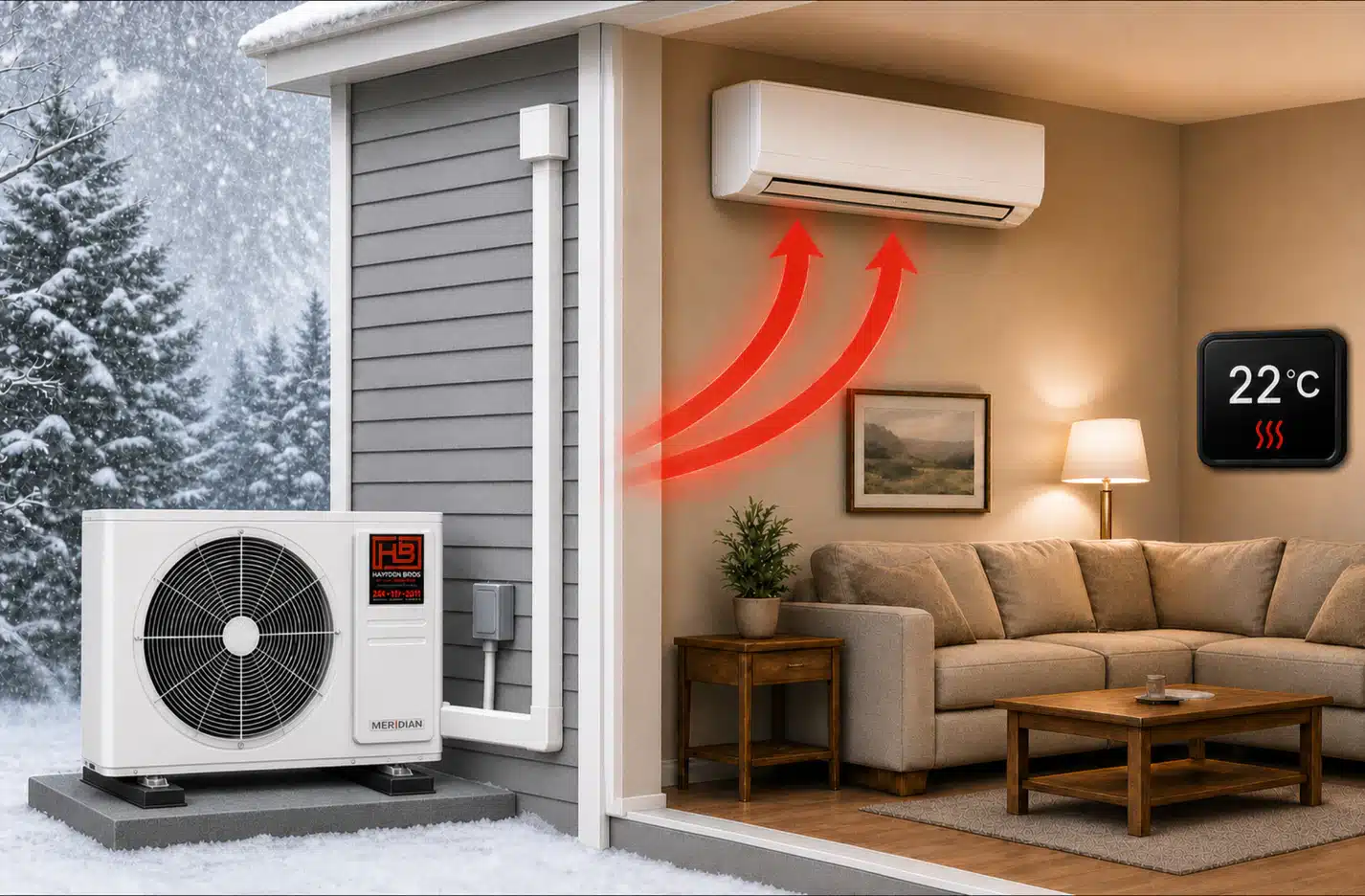 Professional Handy Bros cold-climate heat-pump installation with a covered connected line set, level ground pad and vibration-isolation rails, maintaining the room at 22 degrees Celsius.