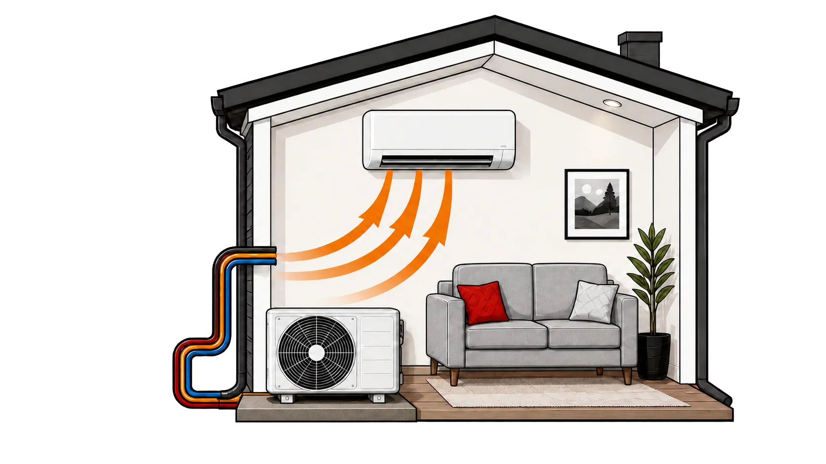 Cutaway house showing an outdoor ductless condenser connected to an indoor head moving heat into a living room.