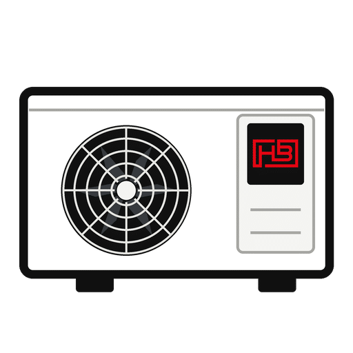 Outdoor HVAC condenser unit with a large circular fan grill and a right-side control panel/brand area.