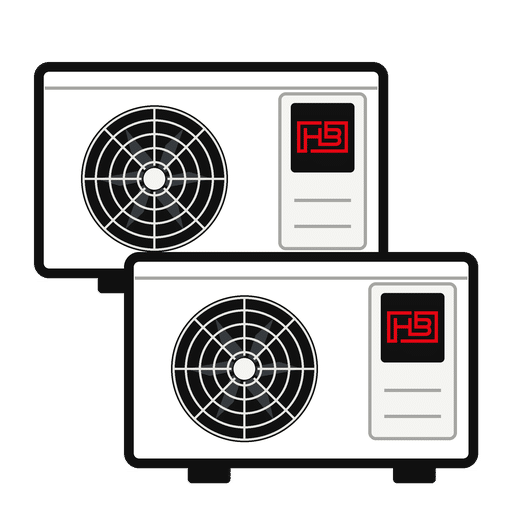 Two outdoor air conditioner condenser units with circular fan grills and display panels, side by side.
