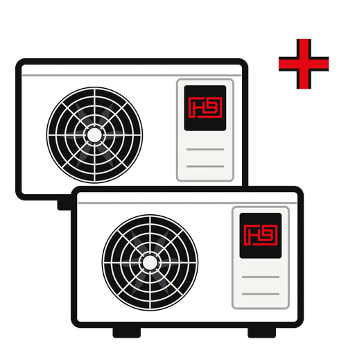 Two outdoor HVAC condenser units with circular fans, stacked, and a red plus sign to the right, suggesting addition of a unit.