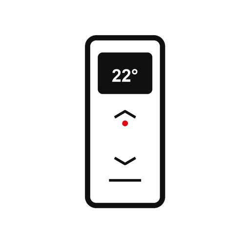 Thermostat remote control showing 22°C with up/down buttons and a red indicator dot on a black background.