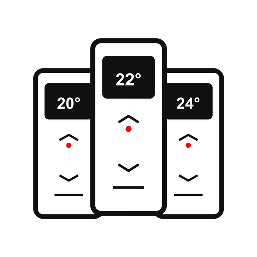 Illustration of three vertical thermostats showing temperatures 20°, 22°, and 24° with up/down indicator arrows and red status dots.