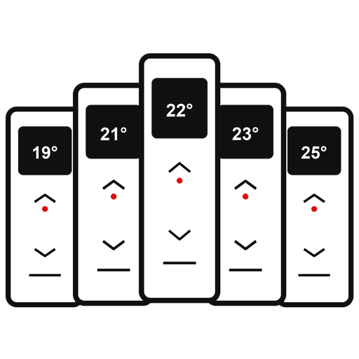 Row of five vertical white thermostats in a line, displaying temperatures from left to right: 19°, 21°, 22°, 23°, 25° with small red indicators and up/down arrows beneath each display.