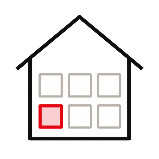 Outline of a house with six square windows; the bottom-left window is filled red.