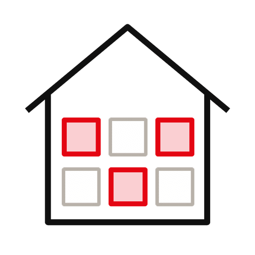 Outline of a house with a 2x3 grid of window panes; three red and three white squares inside a black frame, on a black background.