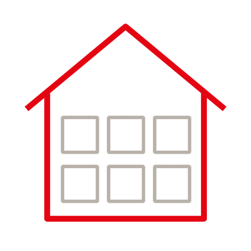 Red house outline icon with six square white windows (two rows of three). - Informative symbol of a home with multiple rooms/windows.