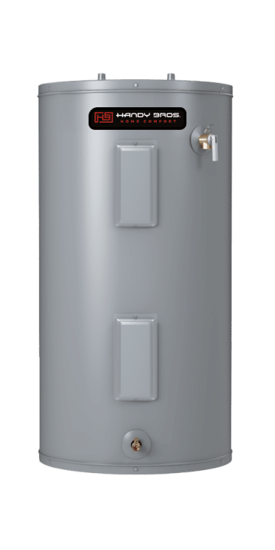 A gray cylindrical water heater with a control panel, labeled Hardy Bros, stands upright against a plain white background.