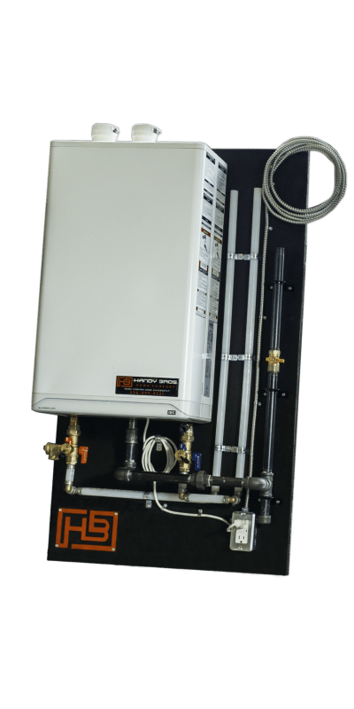 A Water Heater system mounted on a black panel with pipes and valves, set against a white background.